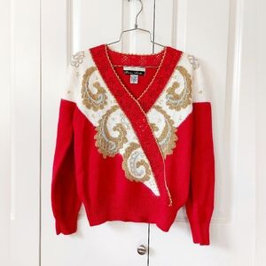 Vintage Red & Gold Paisley V-Neck Beaded Sweater Dana Scott Christmas Medium‎